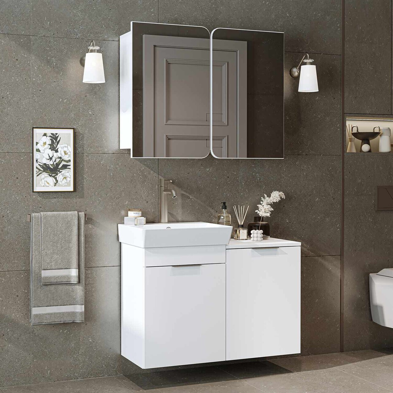 Set Dulap de Baie cu Chiuvetă și Oglindă (2 Piese), Hanah Home, Dubai Sepetli, PAL, Alb — imaginea 2