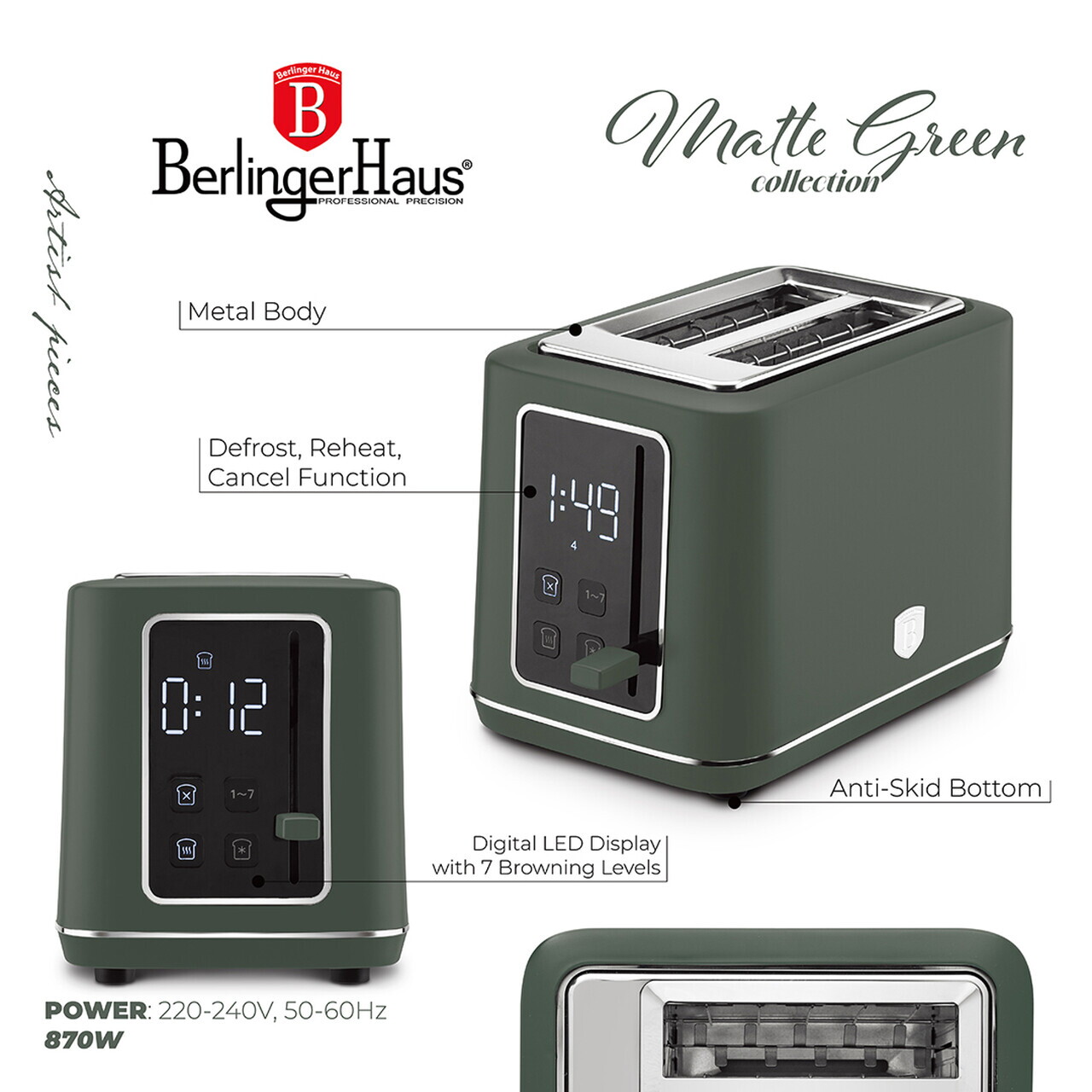 Prajitor de paine digital Berlinger Haus, Matte Green, 27.8x16.6x19.1 cm, inox, verde mat - imagine 9