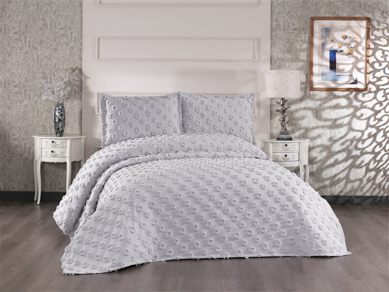 Set cuvertura de pat dubla 3 piese, Hayal - Grey, Whitney, Tesatura Chenille