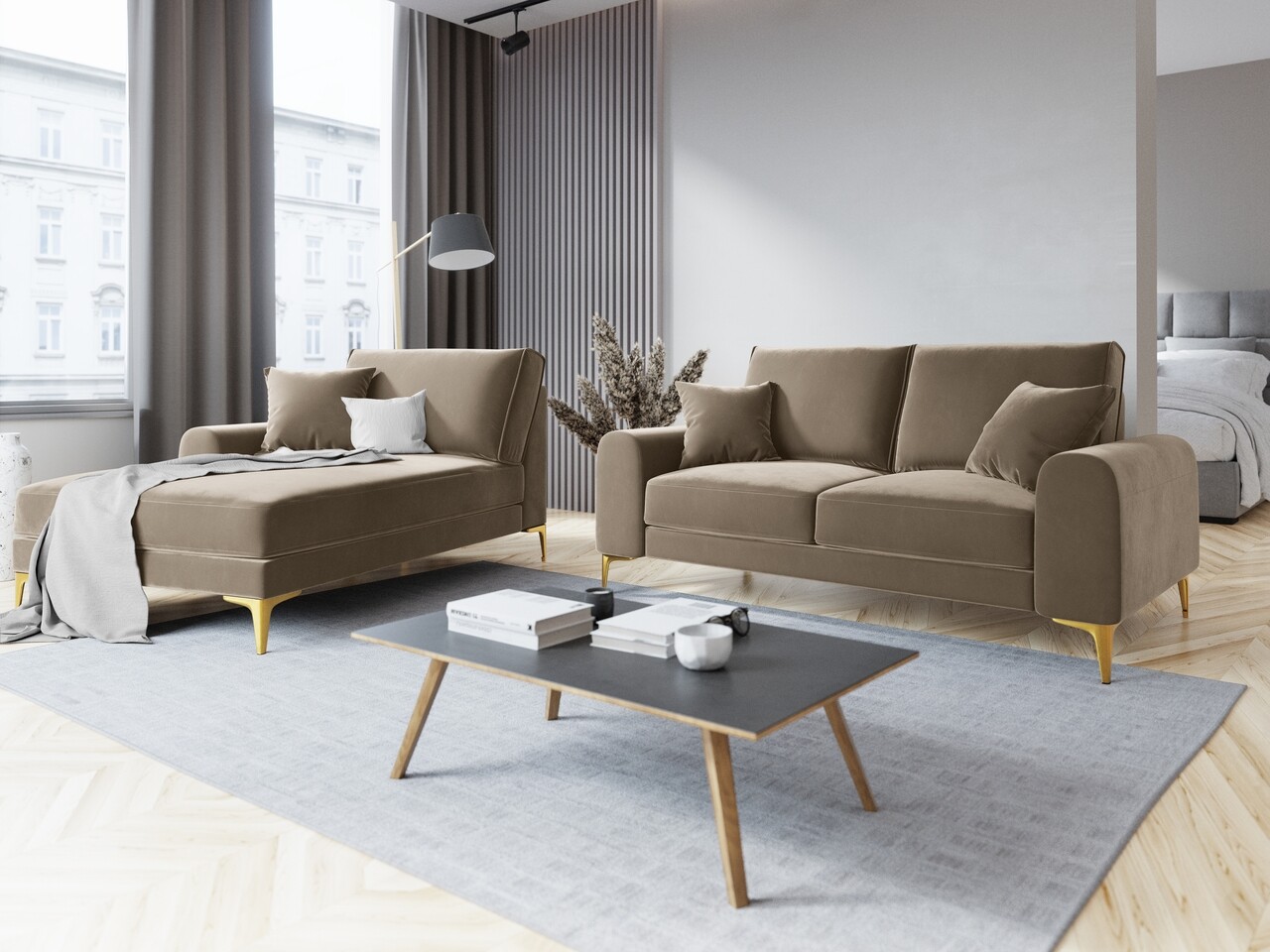 Sezlong living stanga, Madara, Mazzini Sofas, gold legs, 102x182x90 cm, catifea, bej