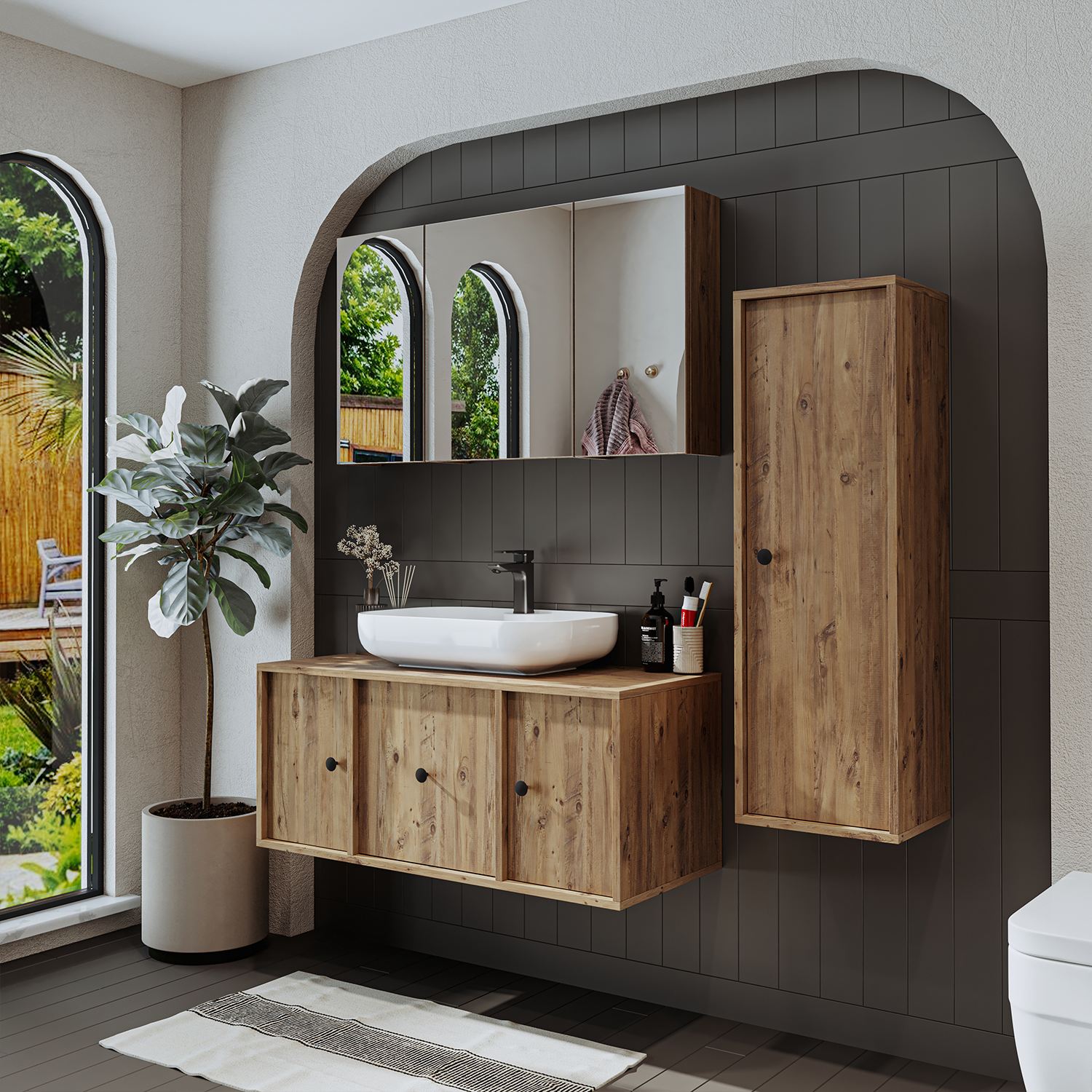 Set Dulap de Baie cu Chiuvetă și Oglindă (3 Piese), Hanah Home, 2575, MDF, Maro