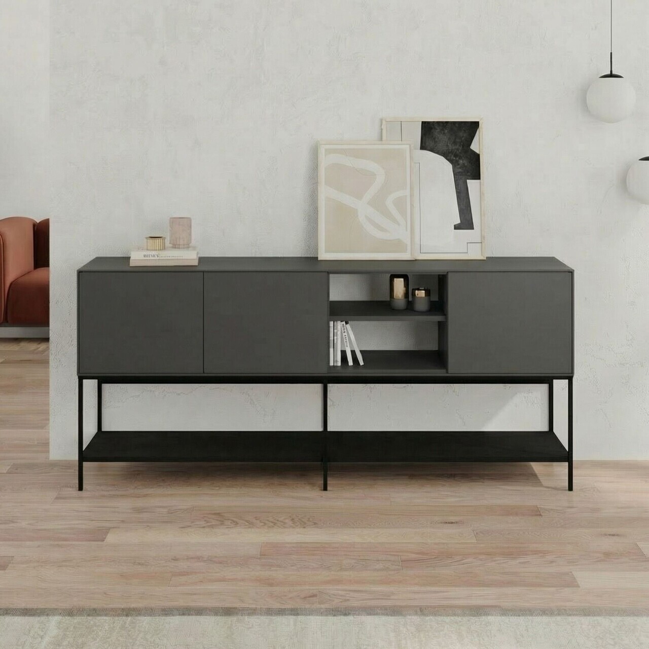 Consola, Hanah Home, Amira, 180x80x40 cm, PAL, Antracit / Negru lemn / Negru — imaginea 2