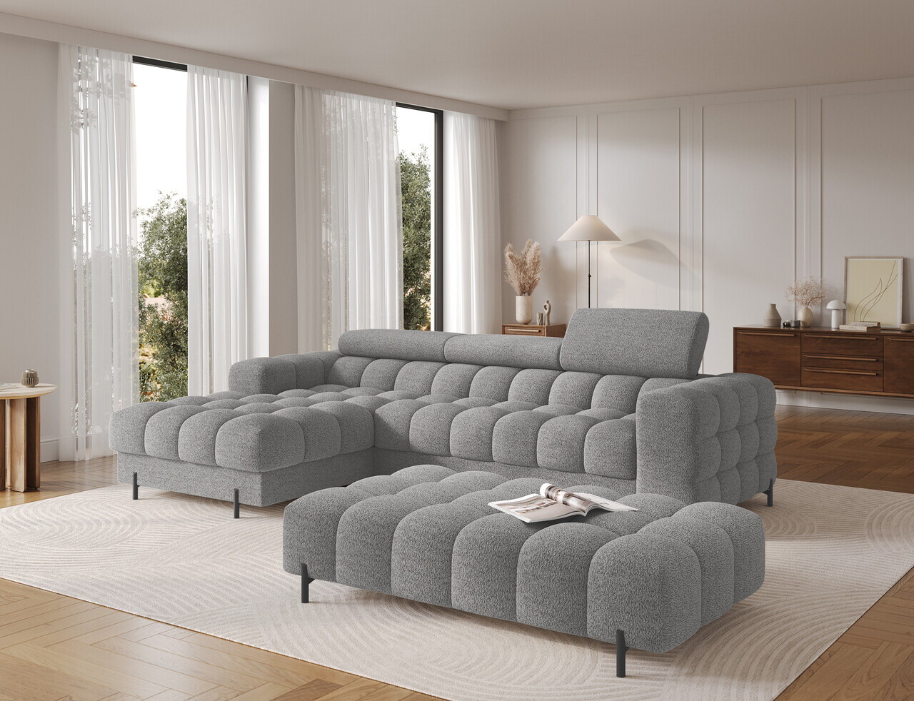 Taburet ELTAP, Ferivo, 137x68x37 cm, lemn/tesatura boucle, gri — imaginea 7