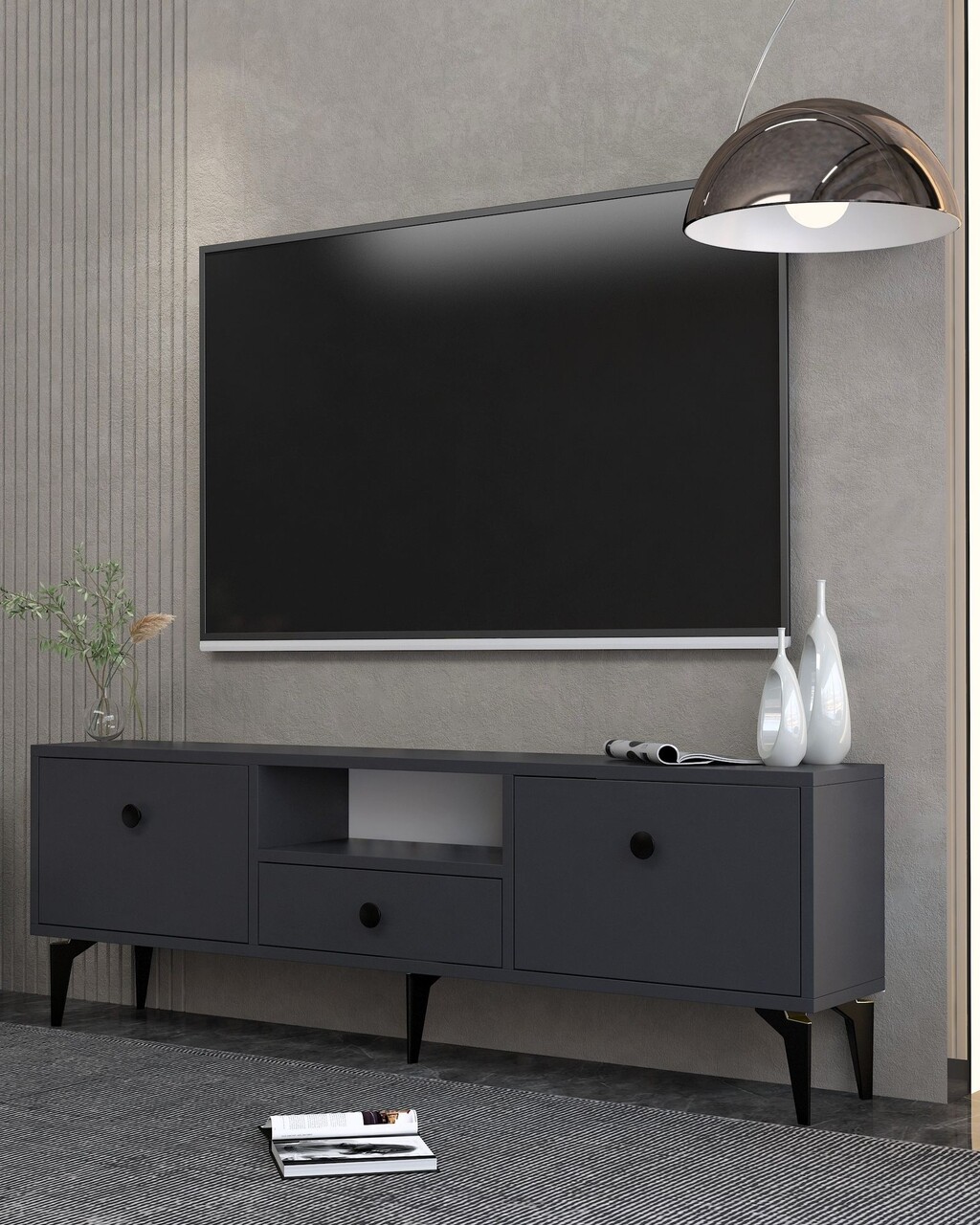 Comoda TV, Hanah Home, 1300-DROP-1, 140x49x30 cm, PAL , Antracit / Negru - view 2