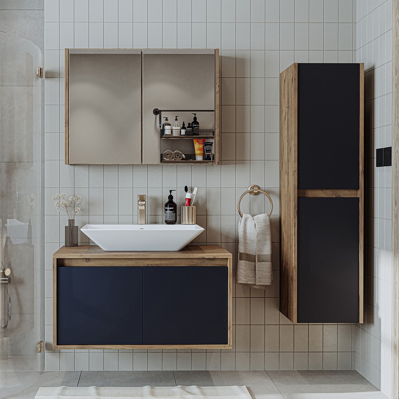 Set Dulap de Baie cu Chiuvetă și Oglindă (3 Piese), Hanah Home, 1701, MDF-LAM, Pin Atlantic / Antracit — imaginea 2