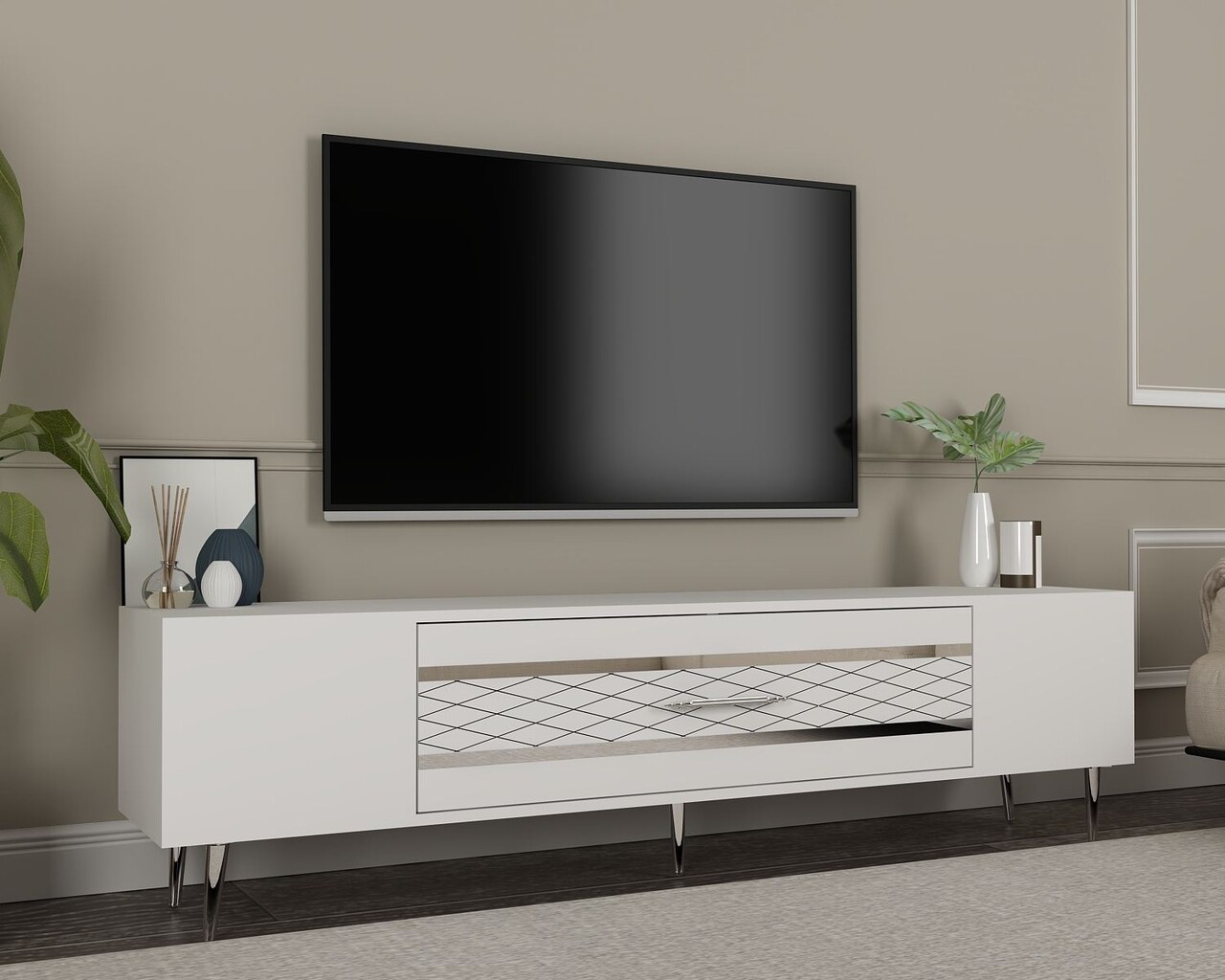 Comoda TV, Olivia, Dekolp2, Alb / Argintiu - 1 | YEO