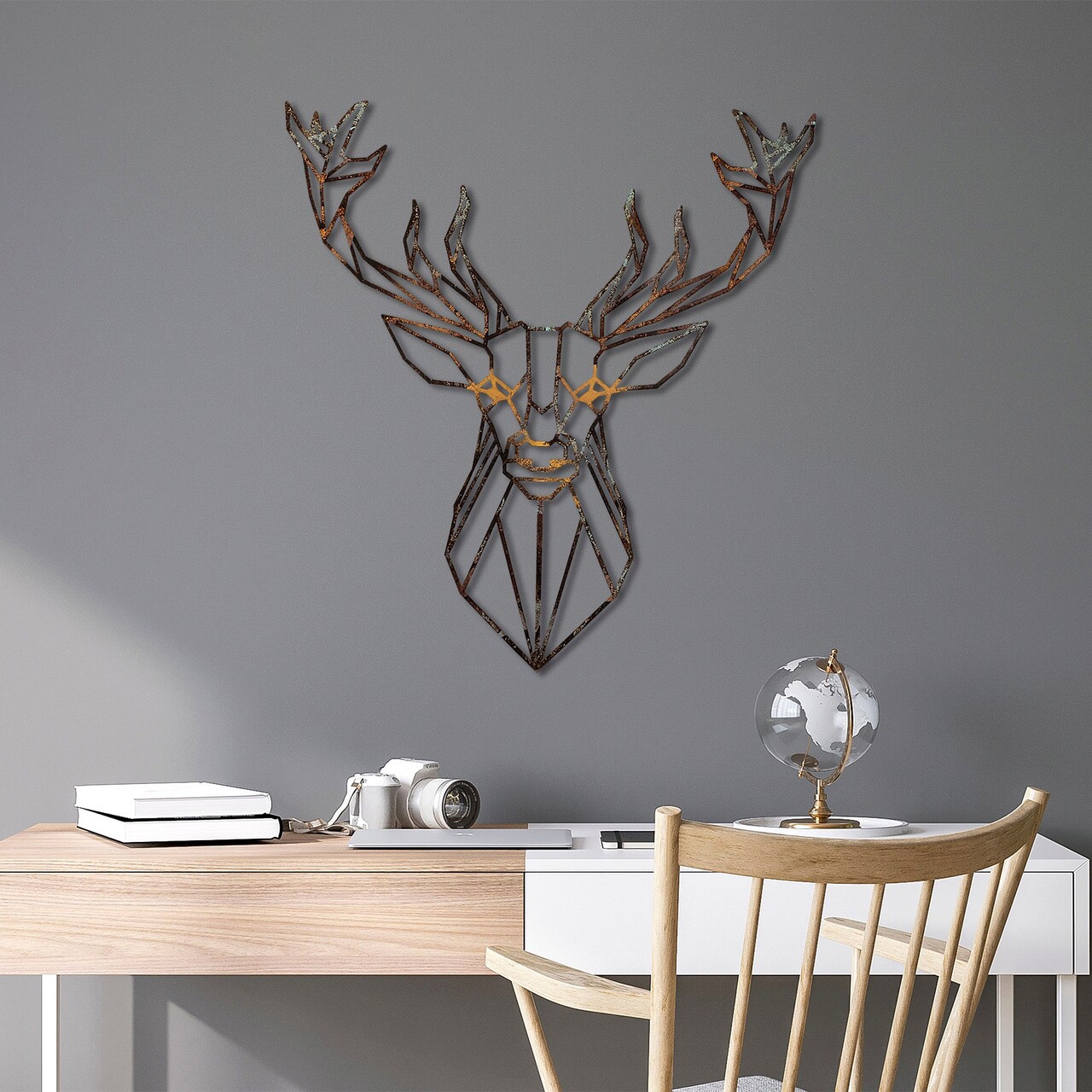 Decoratiune de perete, Deer, Metal, Latime: 60 cm / Inaltime: 65 cm, Multicolor