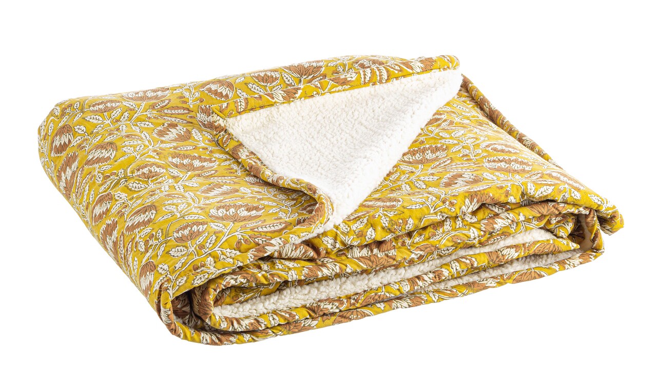 Patura cu doua fete Chambery W-Red Flower, Bizzotto, 130x180 cm, bumbac/tesatura sherpa, ocru