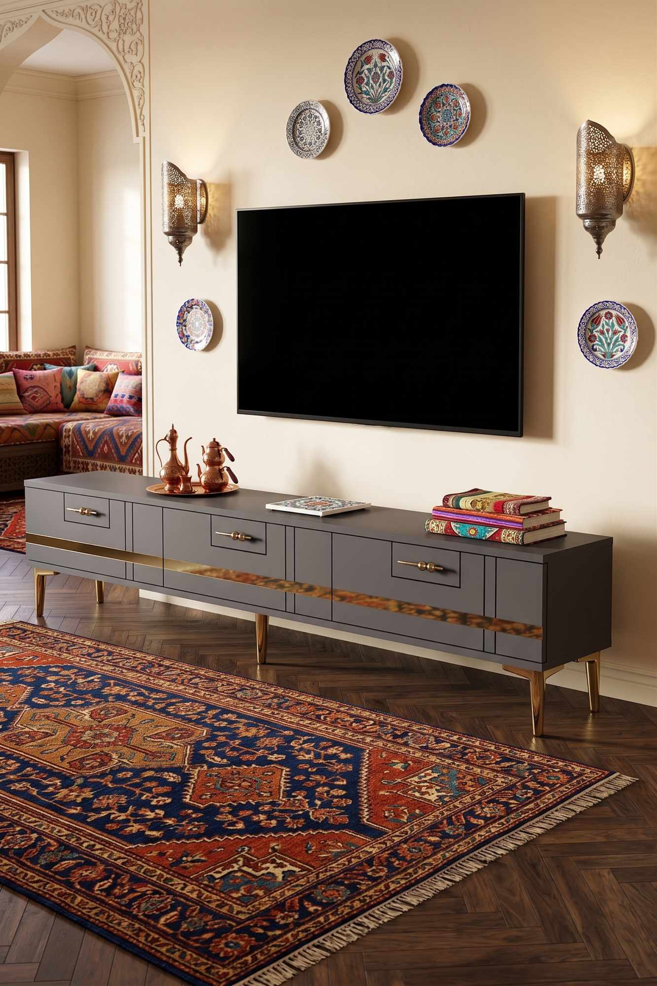 Comoda TV, Hanah Home, Ilay, 180x41x30 cm, Antracit / Aur