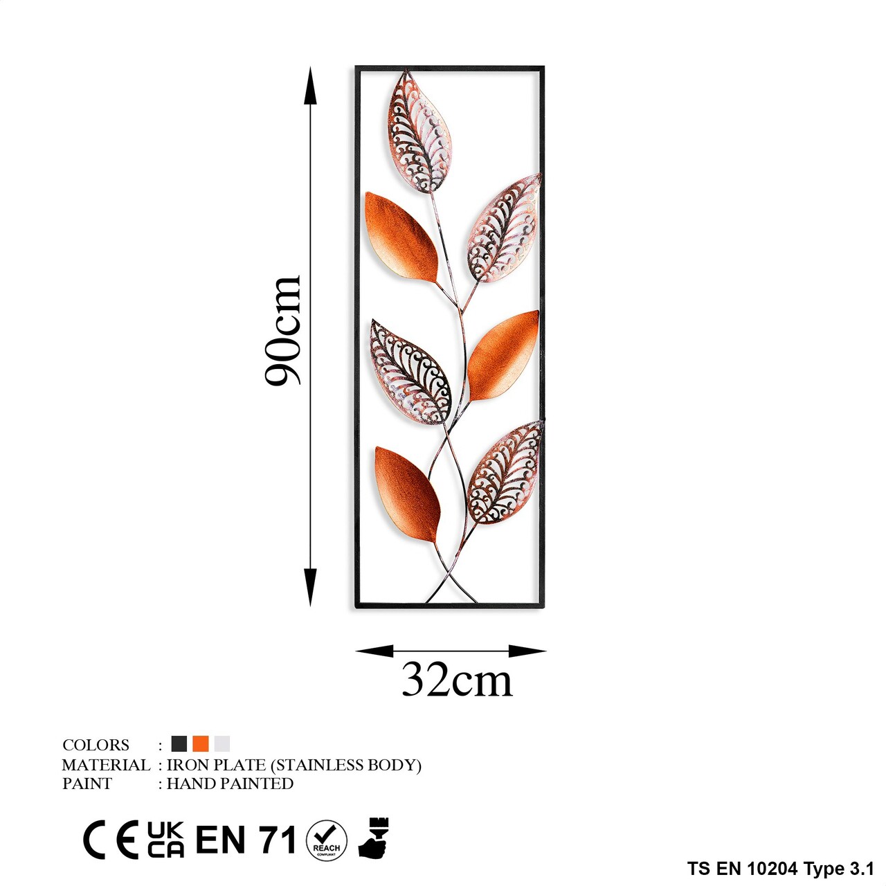 Decoratiune de perete, Leaf 3, Metal, Dimensiune: 32 x 90 cm, Multicolor