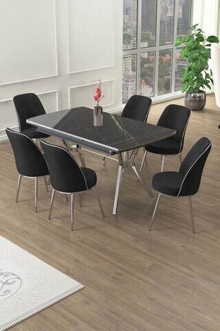 Set masa extensibila si scaune (7 piese), Hanah Home, Poy, Sonata / Crom / Negru