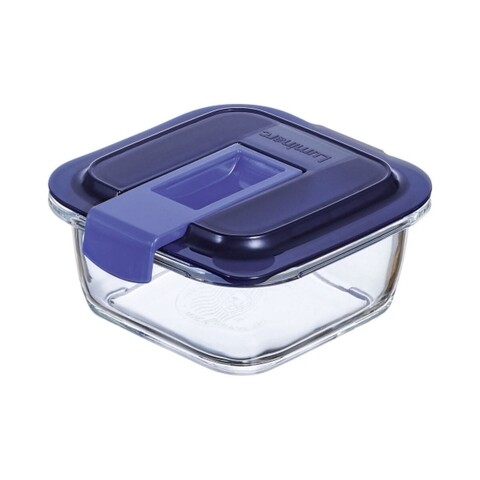 Caserola ermetica patrata, Luminarc, Easy Box, 0.38 L, sticla, albastru/transparent