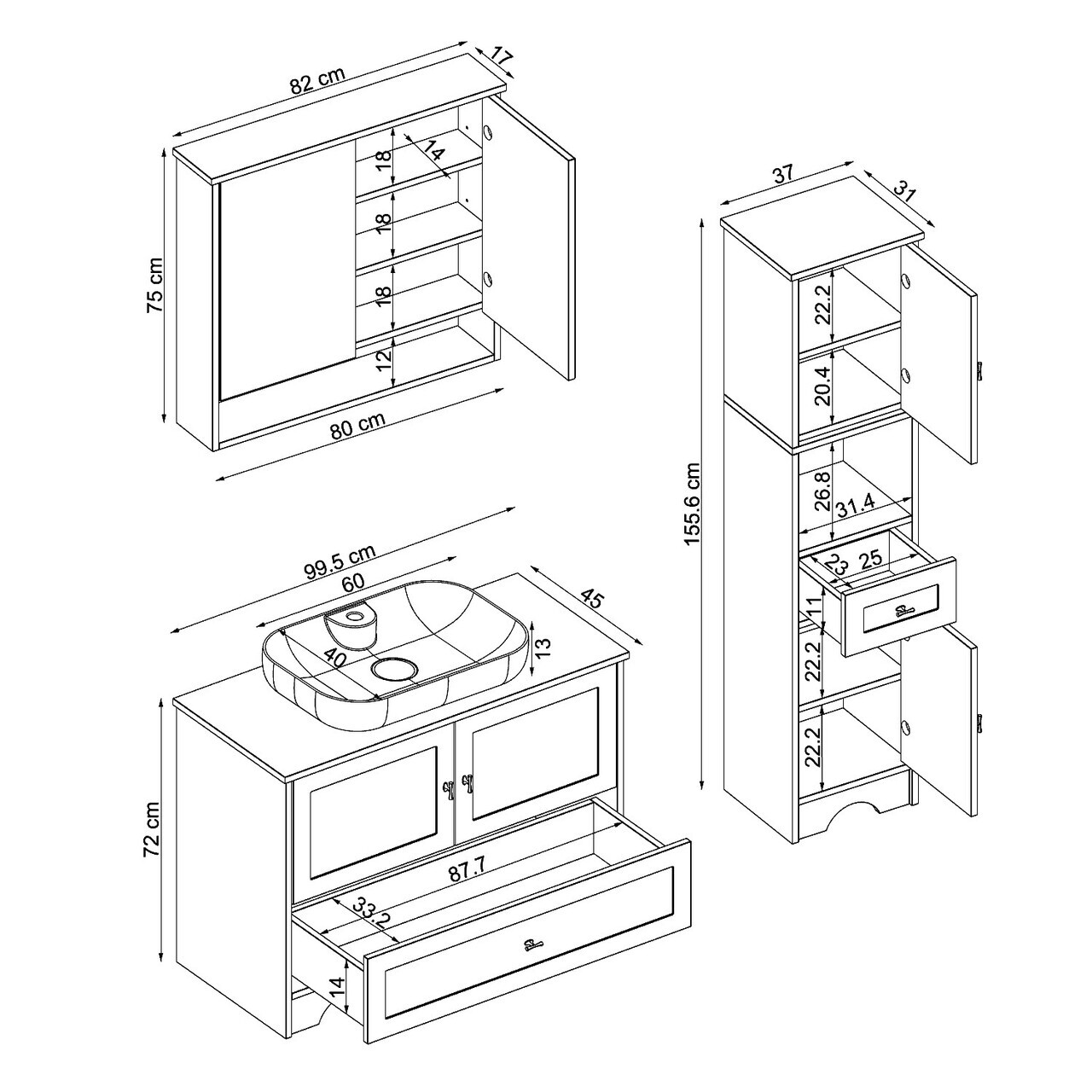 Set Dulap de Baie cu Chiuvetă și Oglindă (3 Piese), Hanah Home, 2397, MDF-LAM, Alb mat — imaginea 8