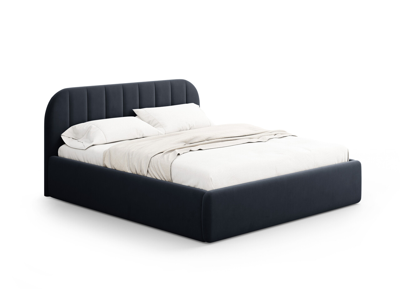 Pat tapitat cu somiera rabatabila si lada depozitare 200x200 cm Windsor & Co Juno catifea albastru inchis