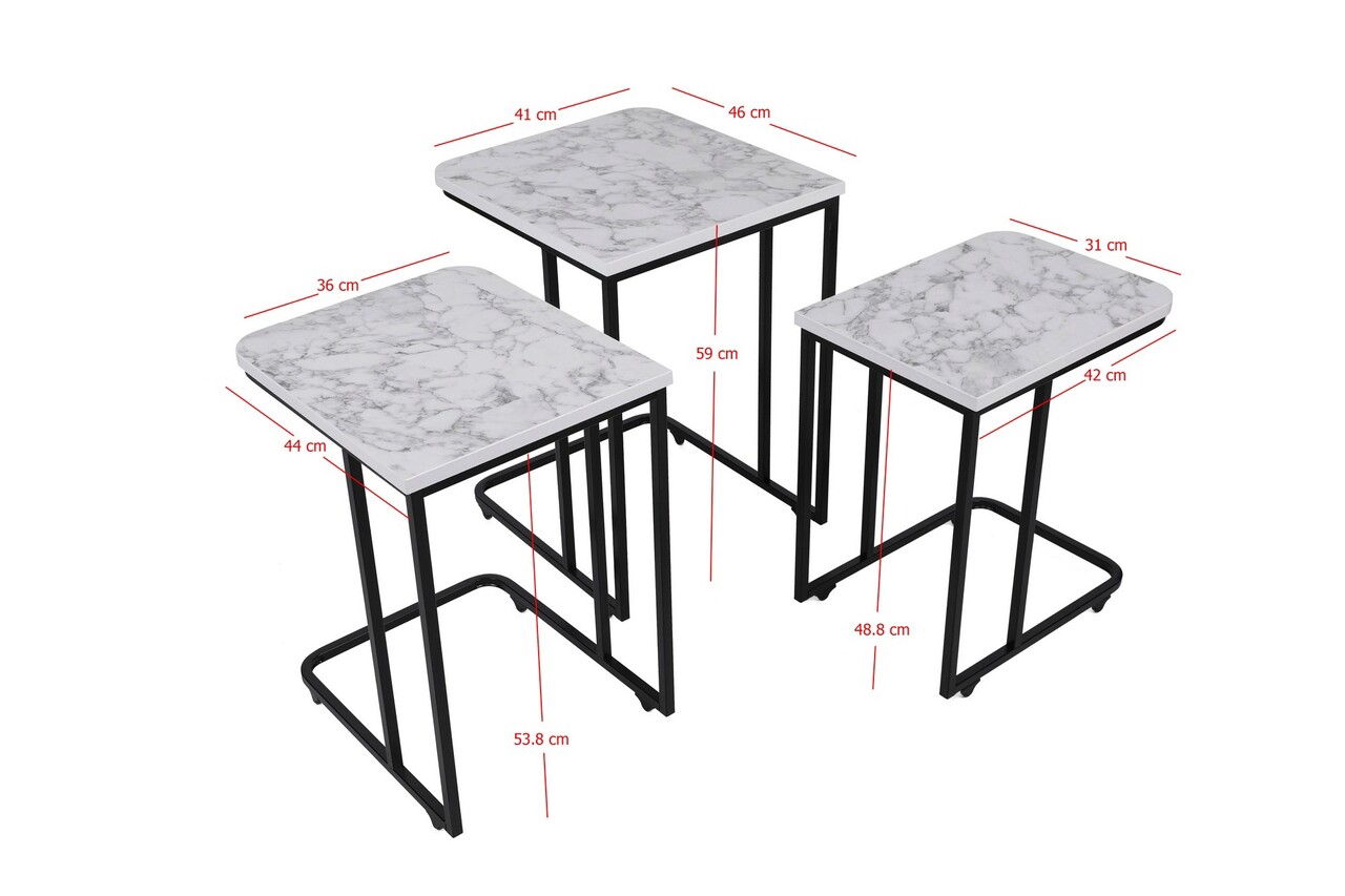 Set masute 3 piese, Nmobb , Ce Metal Zigon, Metal, Alb/Negru