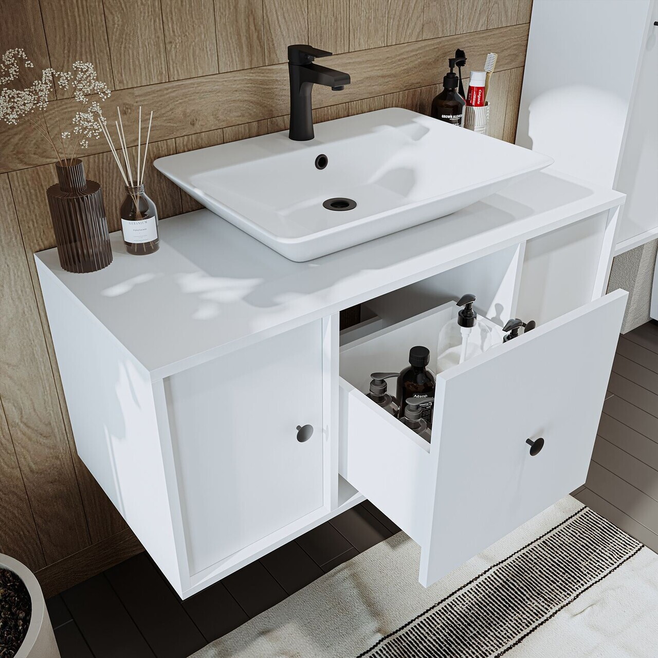 Set Dulap de Baie cu Chiuvetă și Oglindă (2 Piese), Hanah Home, 2548, MDF, Alb — imaginea 5