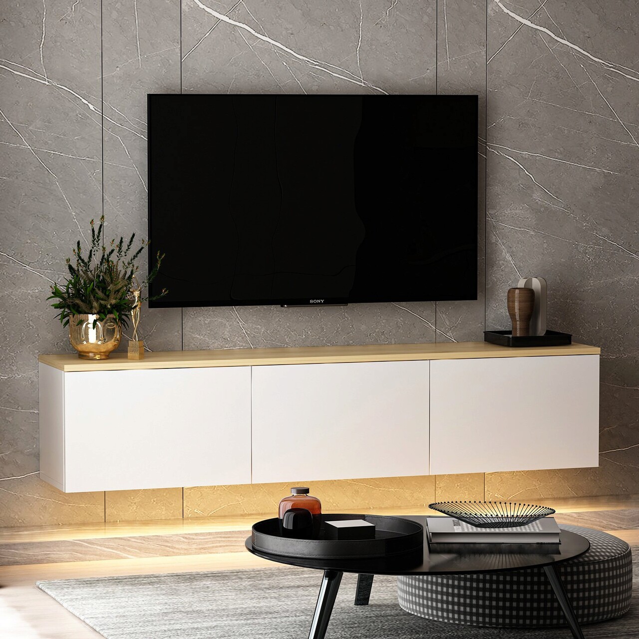 Comoda TV, Inarch, Neon, 160x35x32 cm, Stejar alb - 2 | YEO