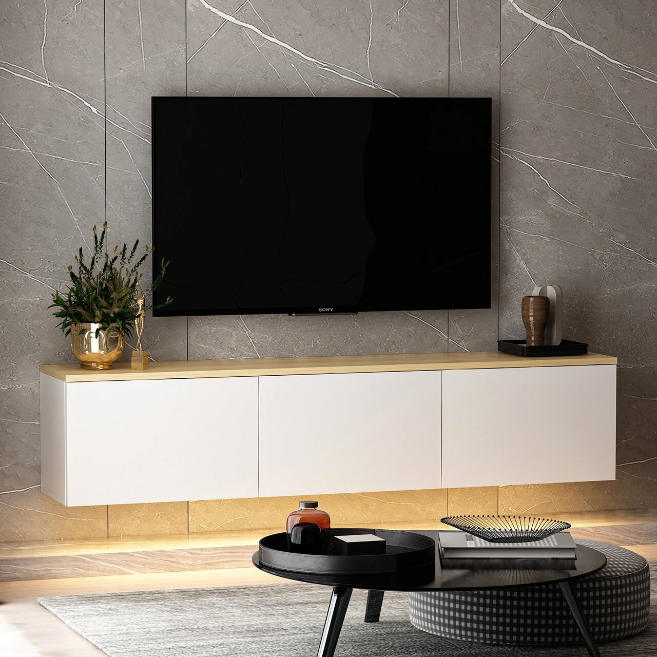 Comoda TV, Inarch, Neon, 160x35x32 Cm, Stejar Alb