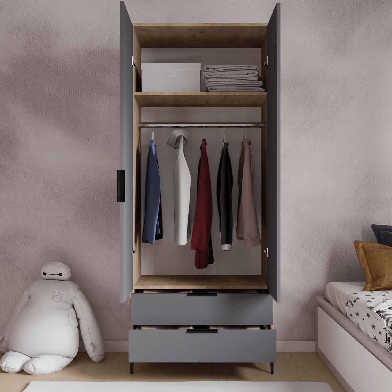 Dulap pentru haine, Hanah Home, Aden Drawes, 80x192x45 cm, Stejar / Antracit - view 4