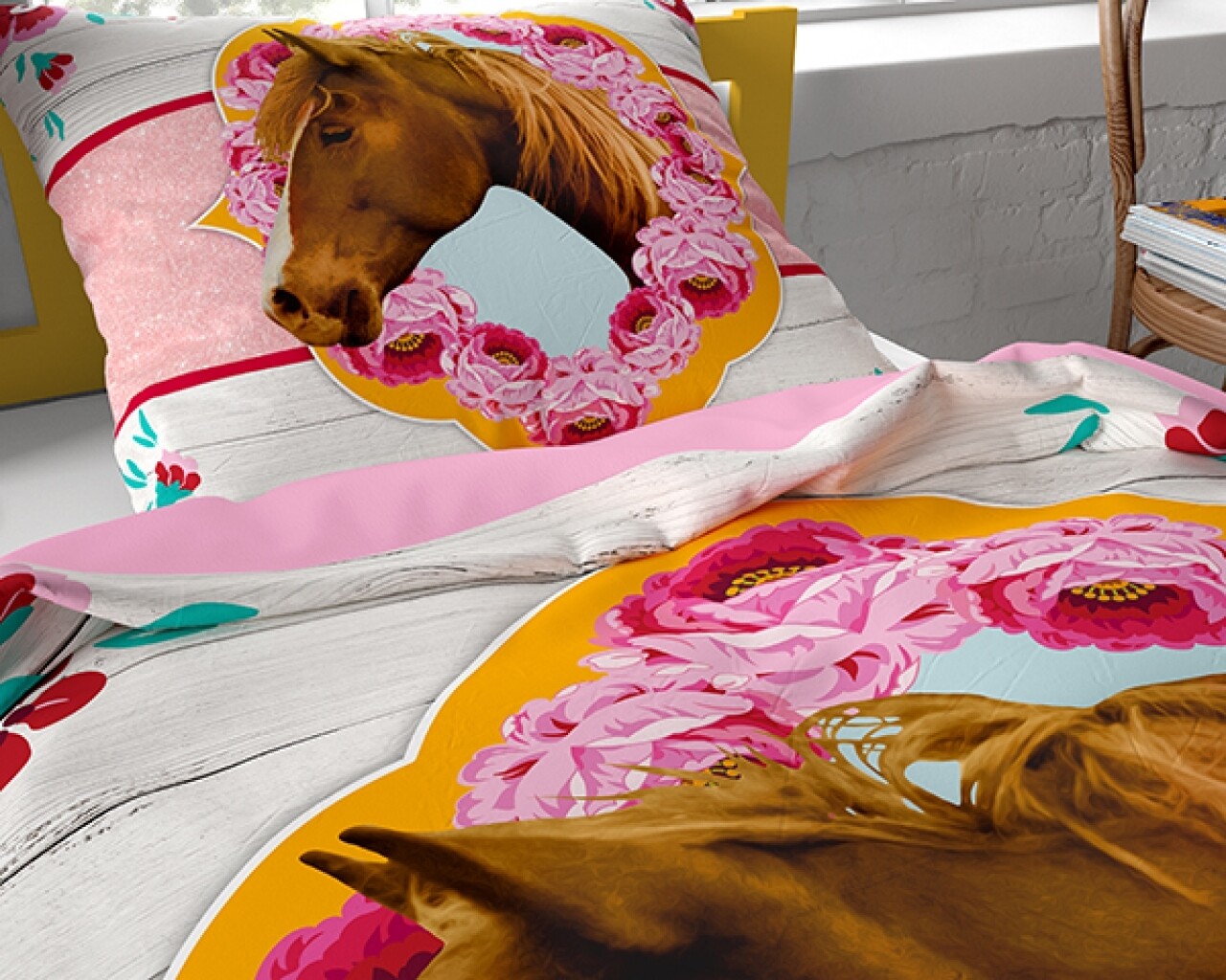 Lenjerie De Pat Pentru O Persoana, Cute Horse Pink, Dreamhouse, 2 Piese, 140x200 Cm, 100% Bumbac, Multicolora