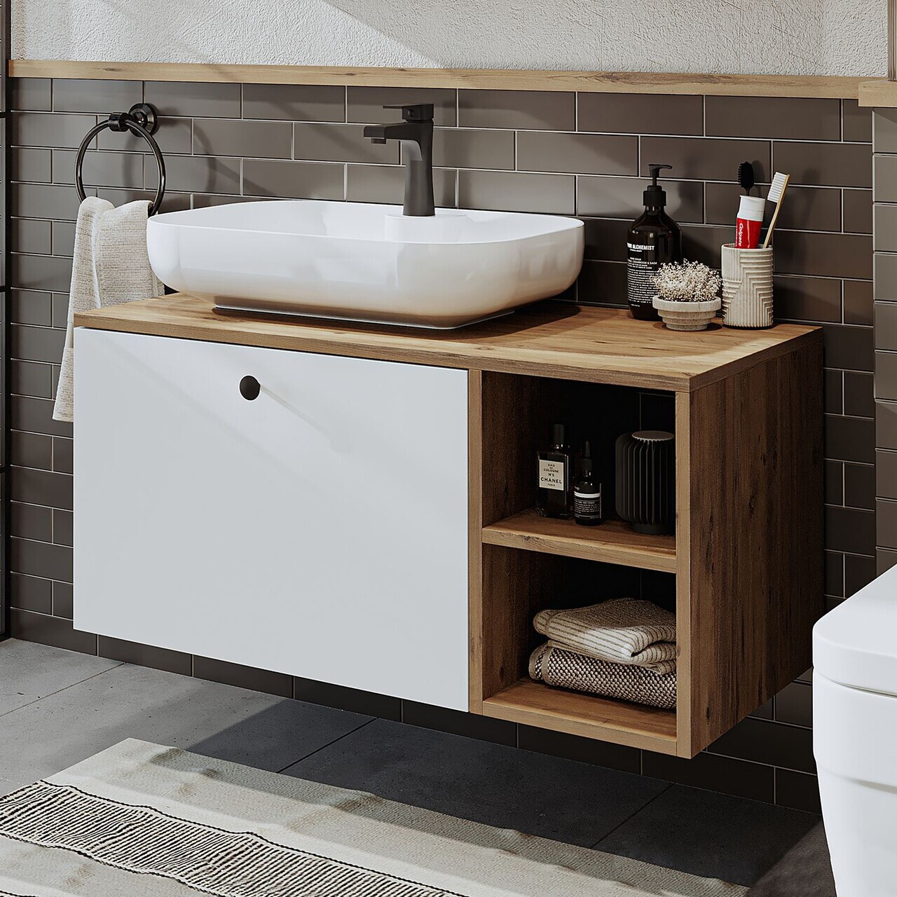 Dulap de baie cu chiuvetă, Hanah Home, 2516, 95x58x45 cm, MDF, Pin Atlantic / Alb