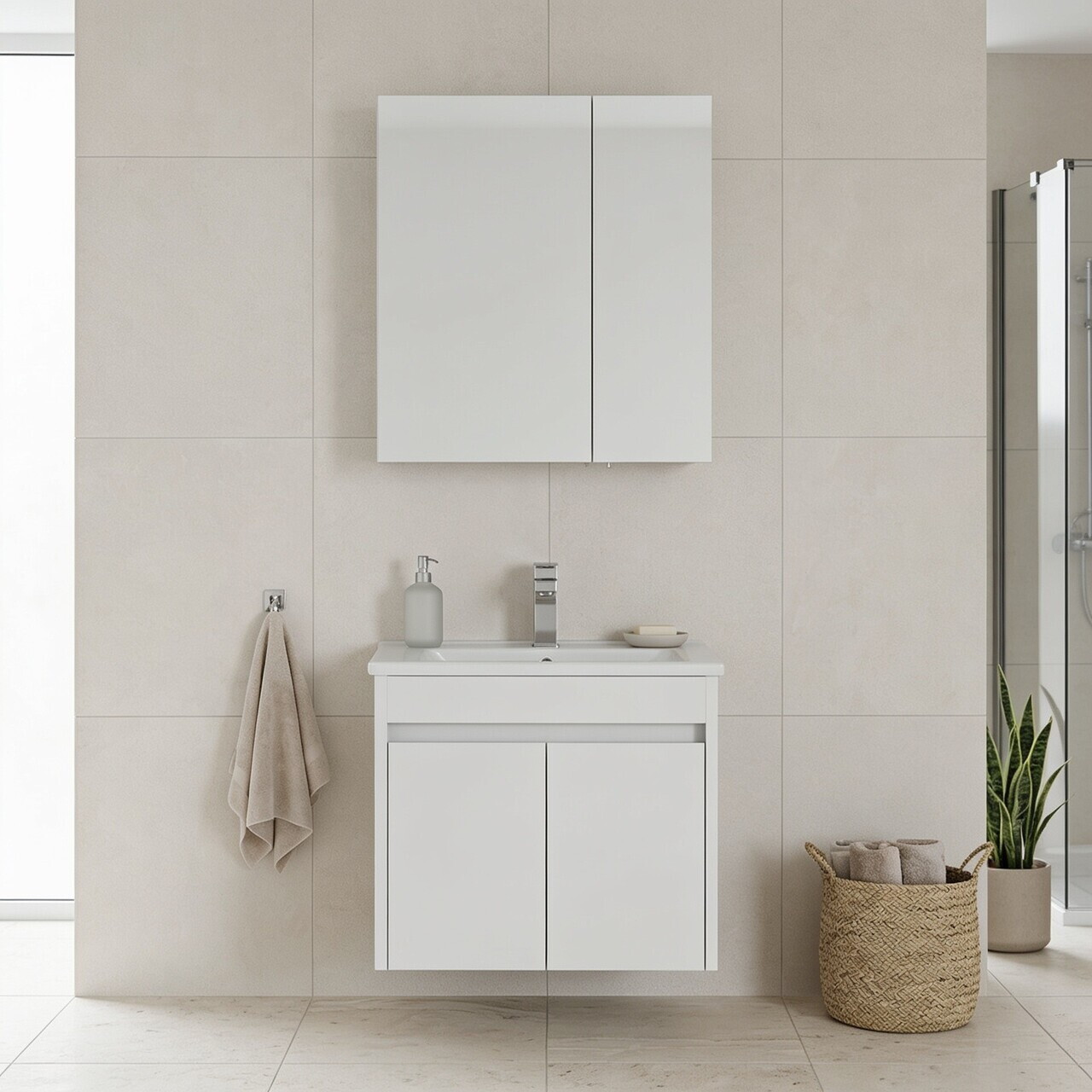 Set Dulap de Baie cu Chiuvetă și Oglindă (2 Piese), Hanah Home, Side 65 v2, Alb mat