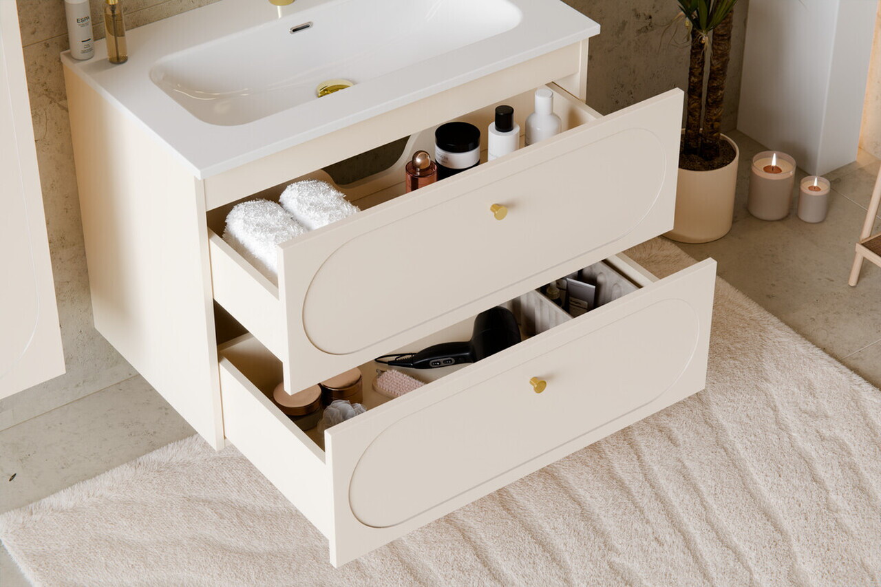 Set mobilier baie Donna Sand 80 cm, dulap inalt si masca lavoar, Comad, MDF/PAL, bej nisip