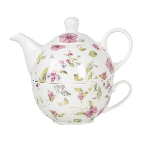 Set ceainic si ceasca cu farfurie, Charming Flowers, Clayre & Eef, portelan, 400 ml