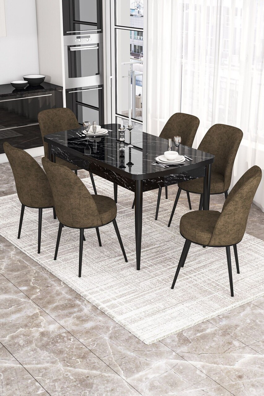 Set masa extensibila si scaune (7 piese), Hanah Home, Via, Model de marmură neagră / Maro