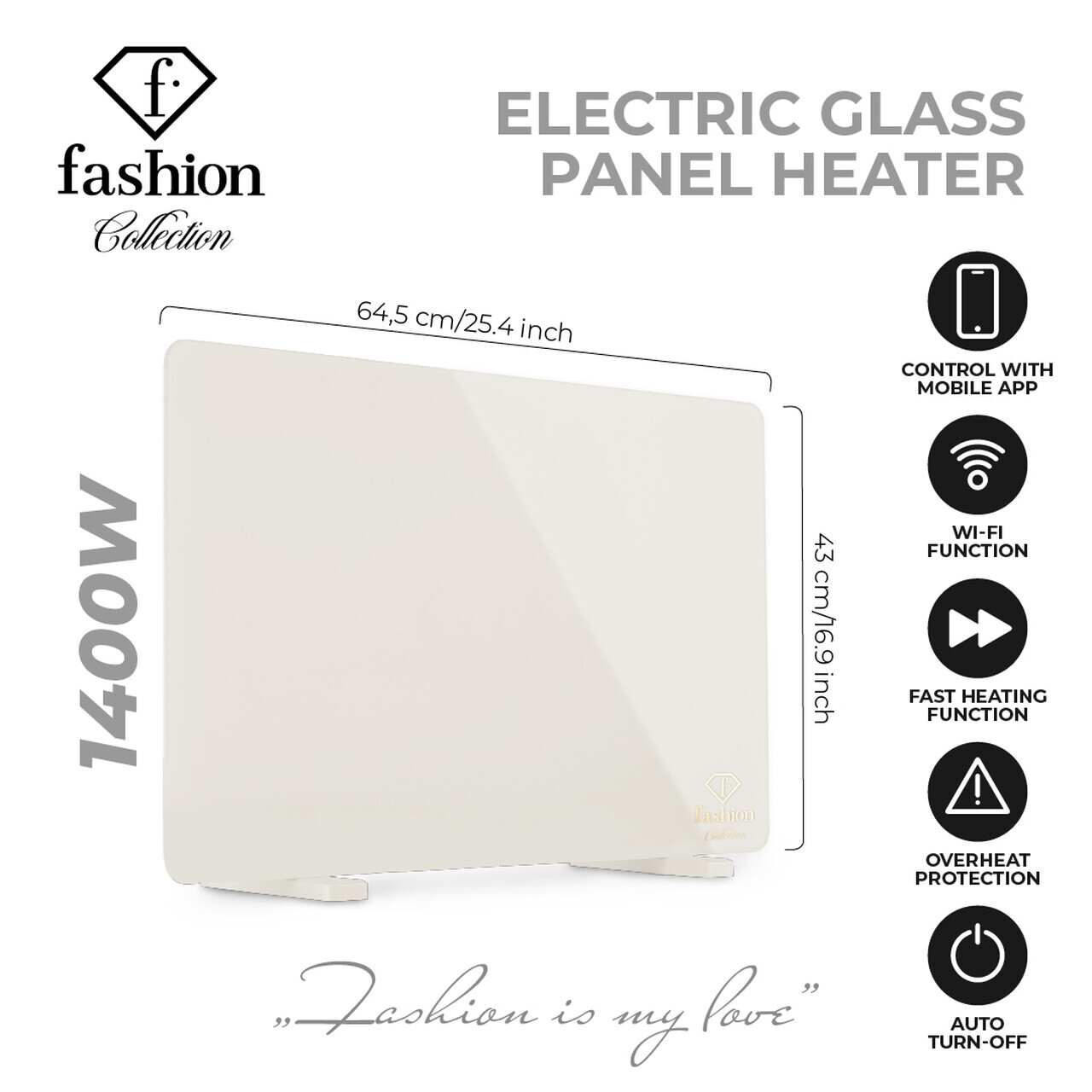 Panou electric de incalzire Fashion TV, Sahara, 64.5x6.6x43 cm, 1400W, sticla securizata, crem - view 12