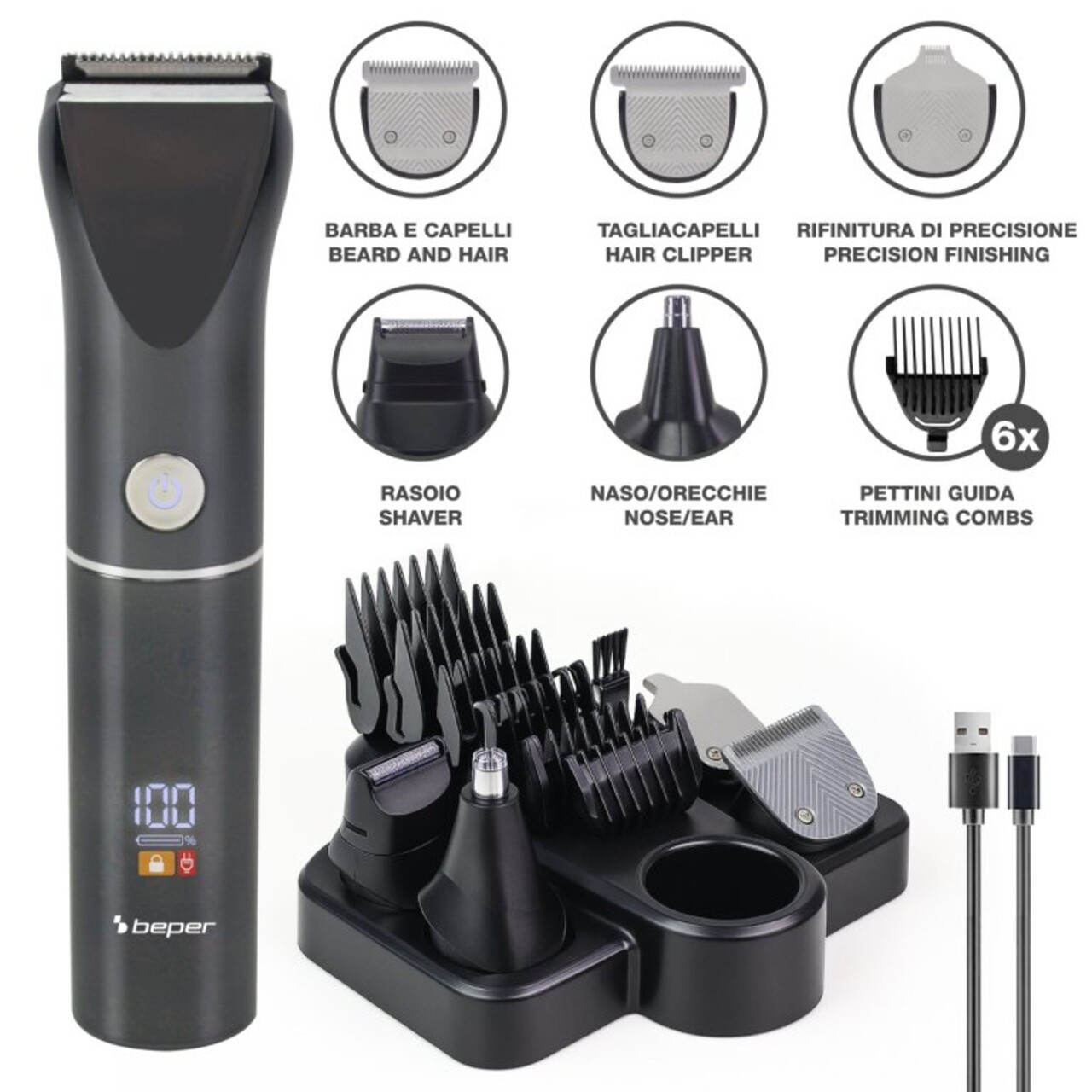 Set de ingrijire pentru barbati 12 in 1 Beper, 4x4x16.5 cm, ABS/otel, negru - view 3