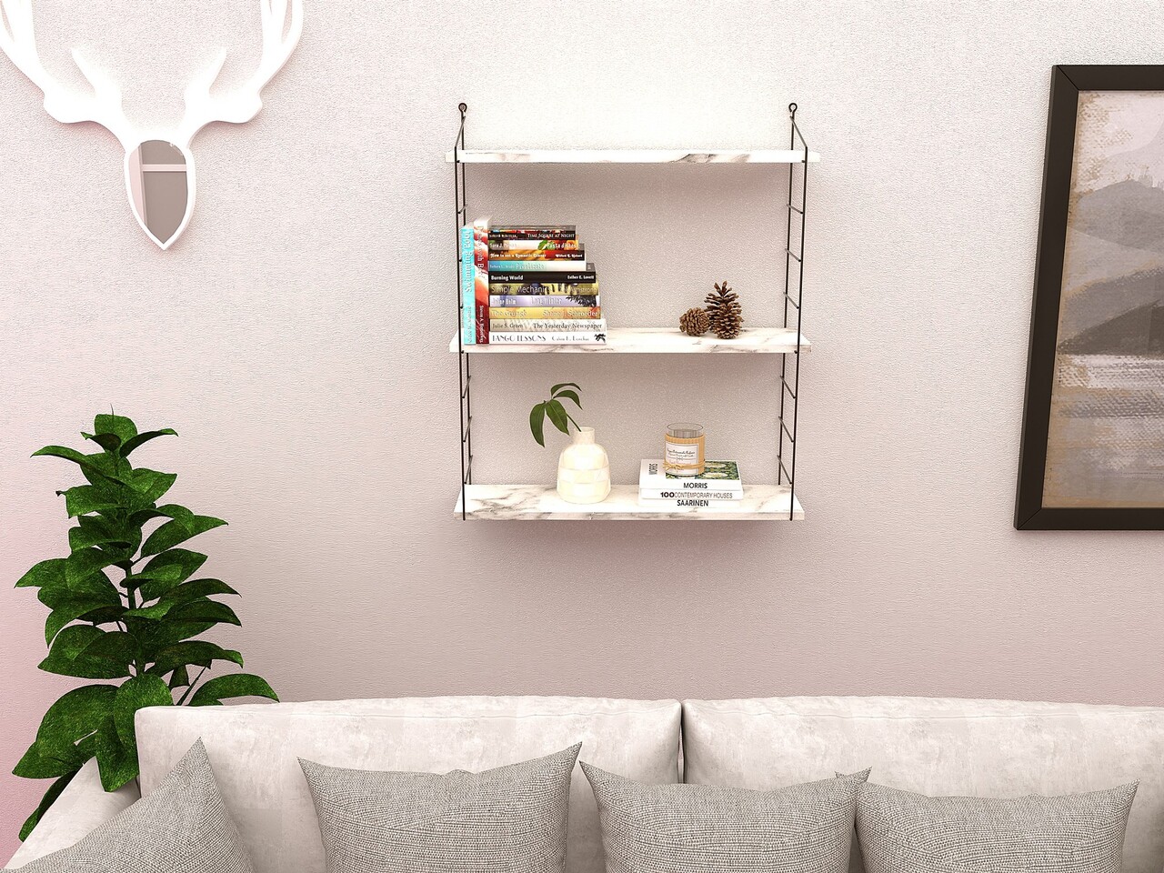 Raft de perete, Decormet, Armoni 3'lü, Marmură Carrara - 1 | YEO