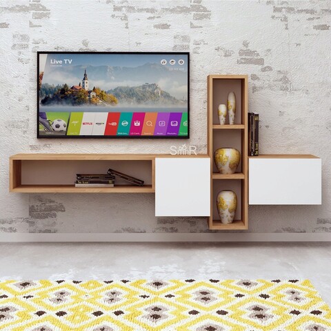 Comoda tv, mod design, kumkuat, stejar / alb