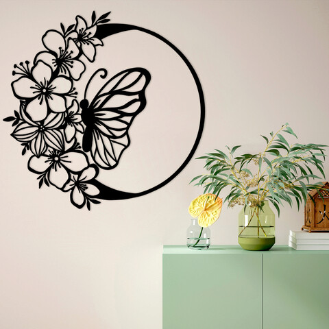 Decoratiune de perete, butterfly and flower, metal, dimensiune: 69 x 1,5 x 68 cm, negru