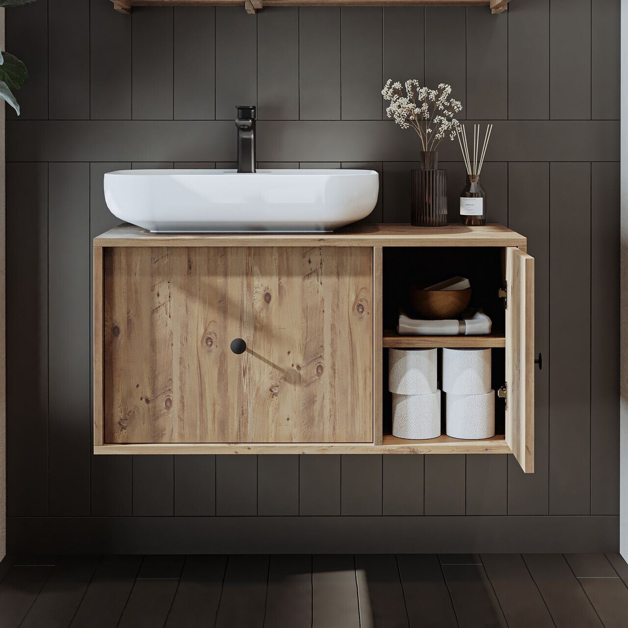 Dulap de baie cu chiuvetă, Hanah Home, 2563, 90x58x45 cm, MDF, Maro — imaginea 4