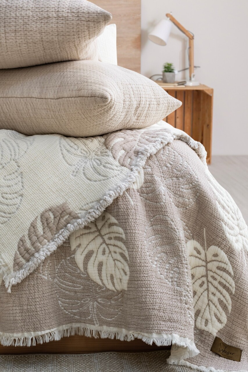Set cuvertura pique dubla, Forest - Beige, Şaheser, 70% bumbac/30% poliester