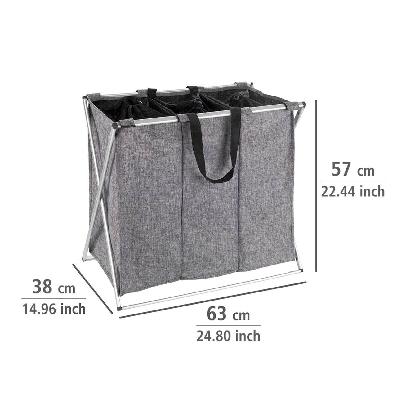Cos de rufe cu 3 compartimente, Wenko, Trio, 130 L, 63 x 57 x 38 cm, poliester/aluminiu, gri - 1 | YEO