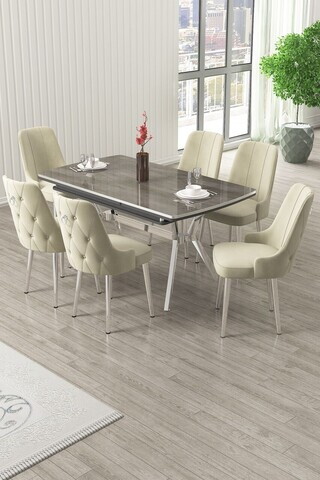 Set masa extensibila si scaune (7 piese), Hanah Home, Nis, Antracit / Crom / Crem