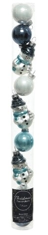Tub cu 9 globuri Snowman, Decoris, sticla, alb/albastru