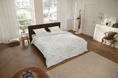 Lenjerie de pat pentru doua persoane, Descanso Lynn, 100% bumbac satinat, 3 piese, alb/bej