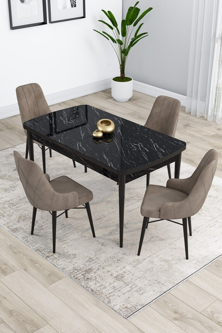 Set masa extensibila si scaune (5 piese), Hanah Home, Kar, Model de marmură neagră / Cappuccino