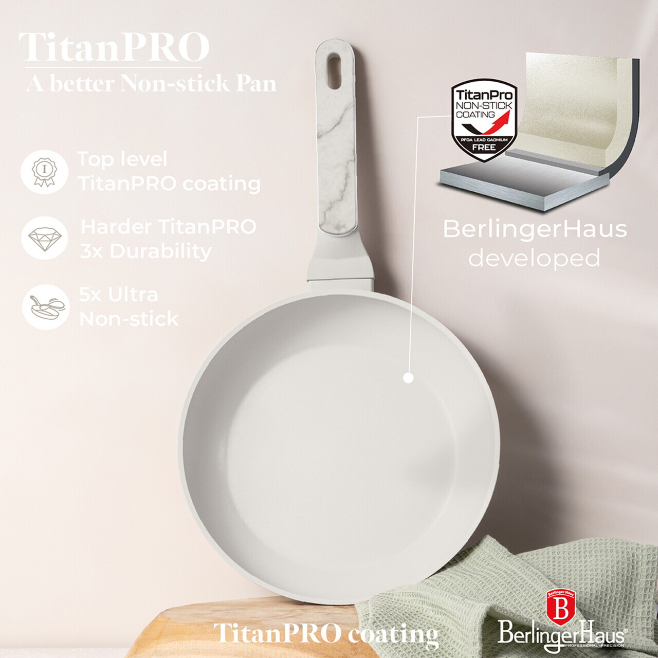 Set 3 tigai Berlinger Haus, Sahara Marble, 20/24/28 cm, aluminiu forjat, crem mat/marmura - imagine 7