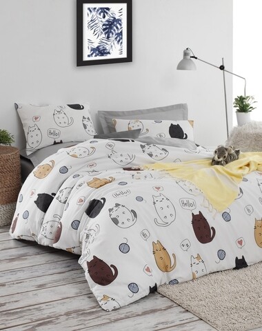 Lenjerie de pat dubla king size, eponj home, hello cats 143epj41906, 3 piese, amestec bumbac, multicolor