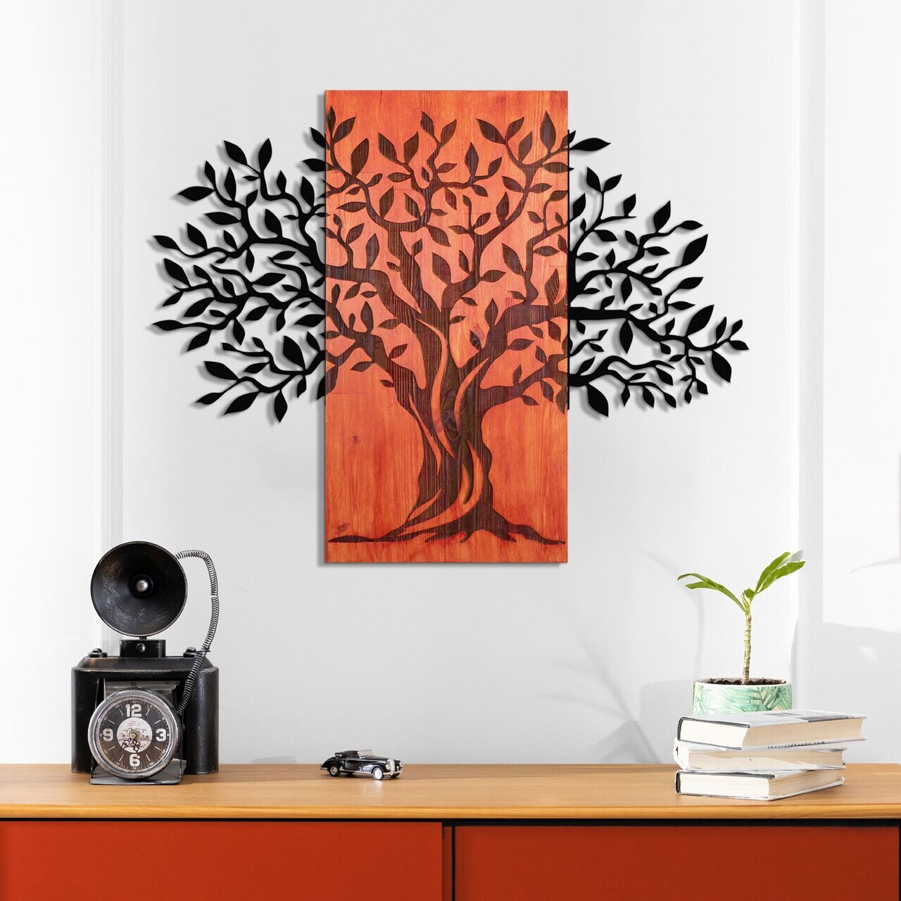Decoratiune de perete, Arbre de Vie-4, Metal, Lemn, Roșu/Negru