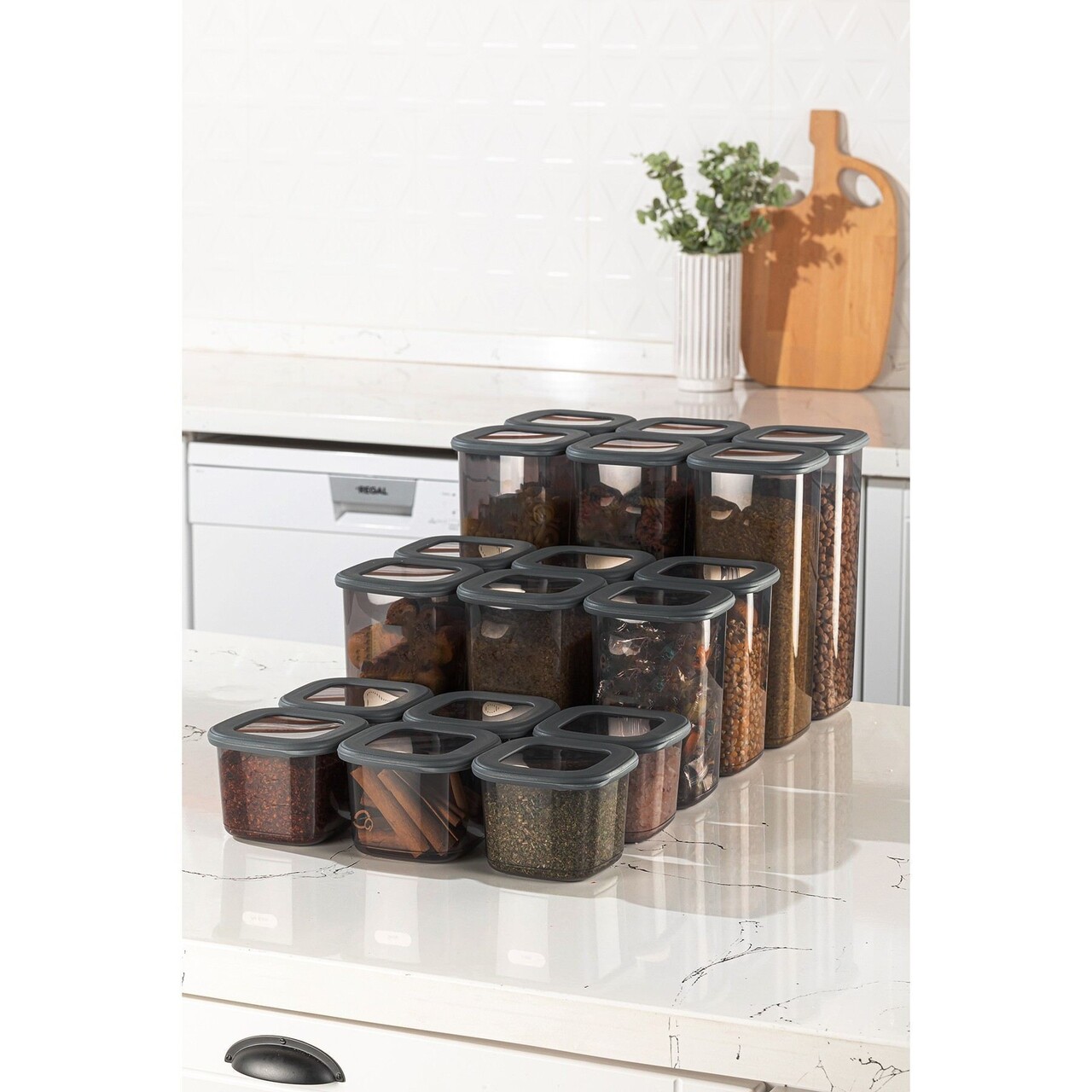 Set recipiente depozitare, Hermia, 964FRM5386, Dimensiune: 10 x 10 x 16,5 cm/ 1200 ml (6 bucăți), Antracit - imagine 2