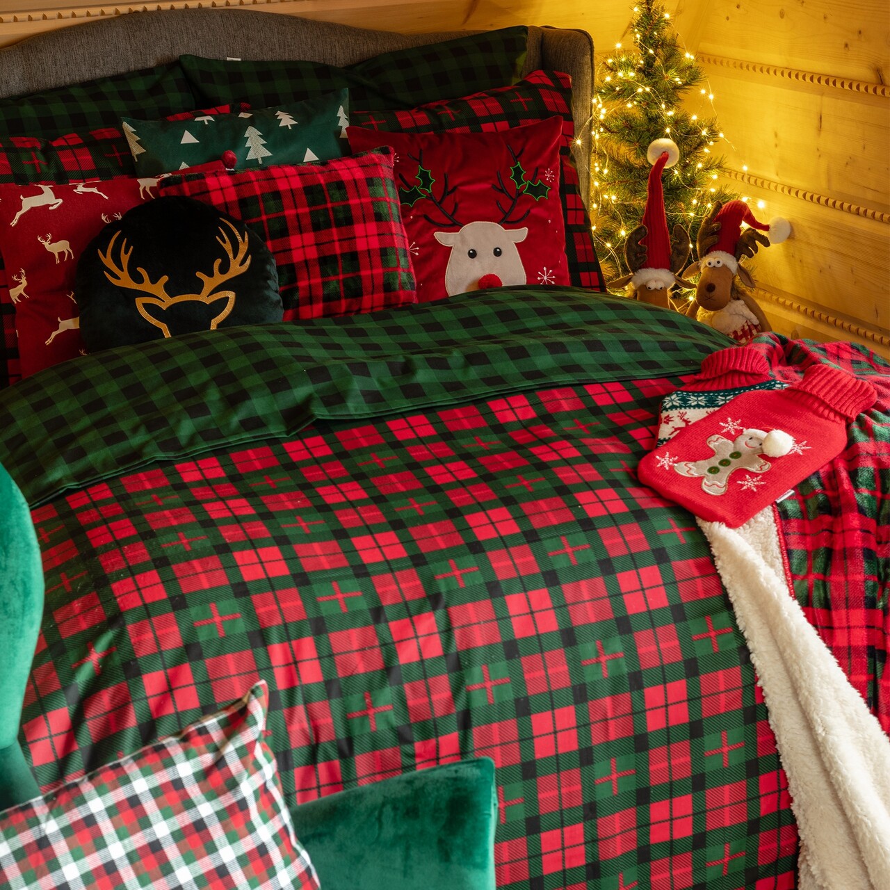 Lenjerie de pat dubla Tartan, Homla, 3 piese, 160x200 cm, bumbac, rosu/verde - 2 | YEO