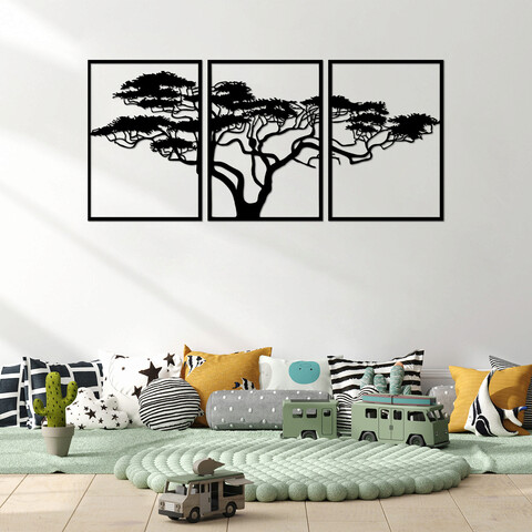 Decoratiune de perete, acacia tree, metal, 50 x 70 cm, 3 piese, negru
