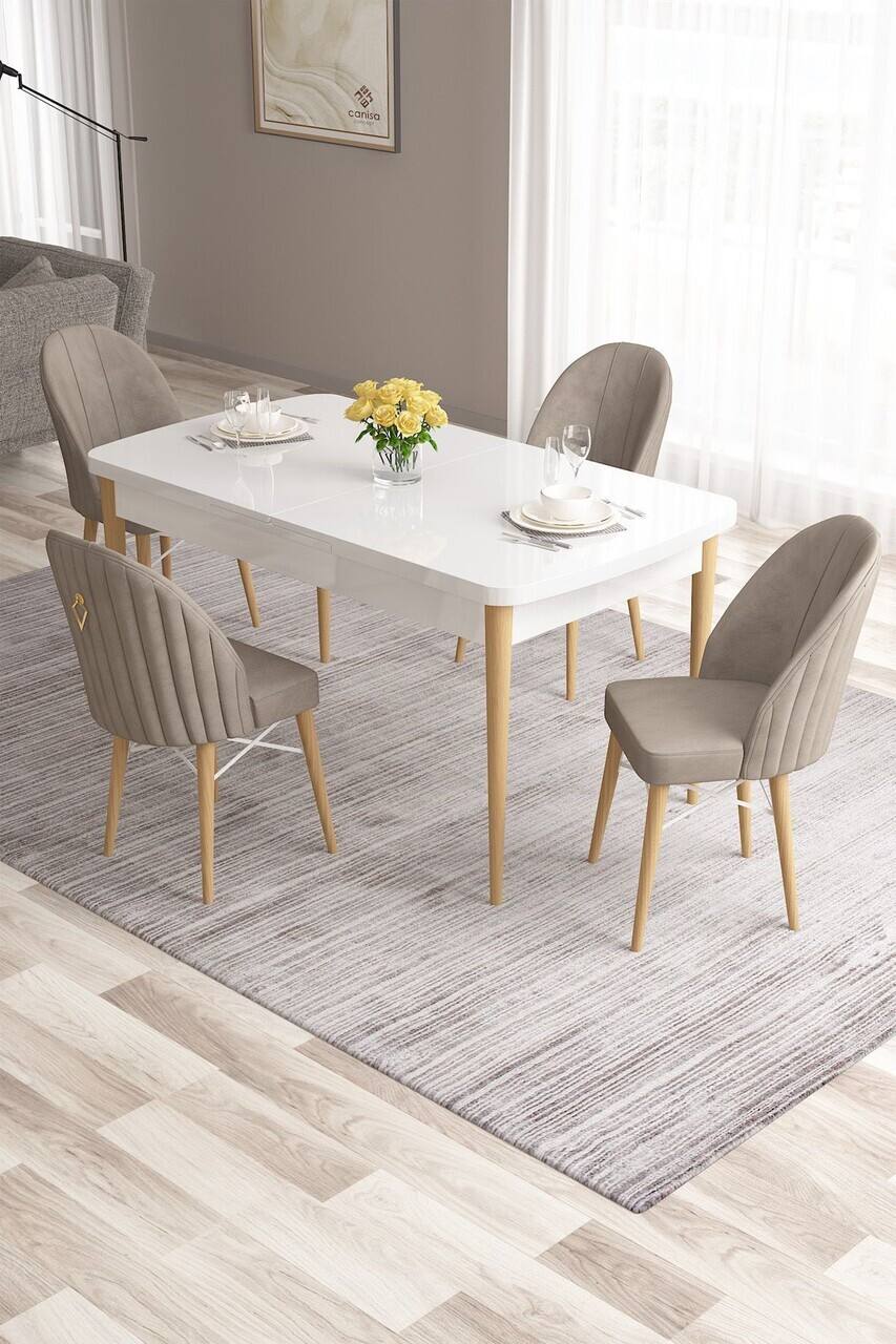 Set masa extensibila si scaune (5 piese), Hanah Home, Roz, Alb / Lemn natural / Cappuccino