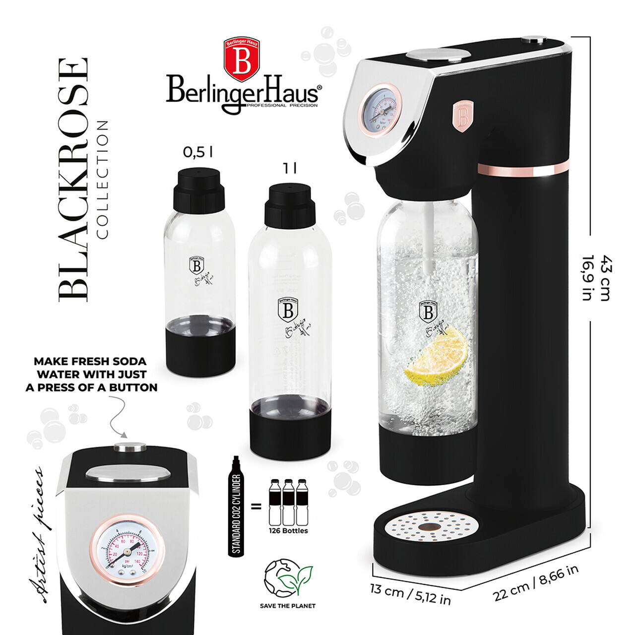 Aparat sifon Berlinger Haus, Black Rose, 22x13x43 cm, 0.5L / 1L, inox/polipropilena, negru - view 10