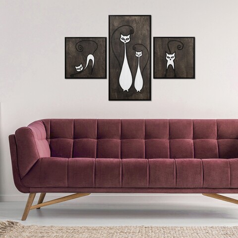 Decoratiune de perete, Cat Family Set, Placaj, 30 x 30 cm, 2 piese, Alb/Negru